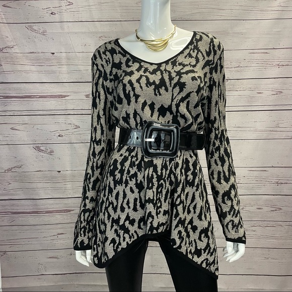 CLEO Tunic Sweater Gold & Black Knit Leopard Animal Pattern Assymmetrical Large - Picture 5 of 11